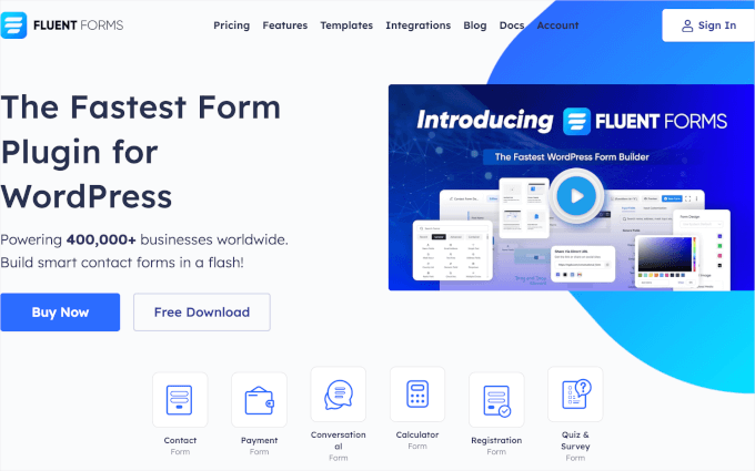 Fluent Forms' homepage