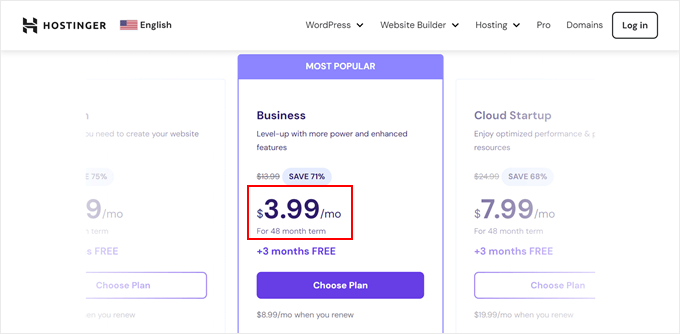 Hostinger's pricing page, its payment term highlighted Hostinger's pricing page, its payment term highlighted
