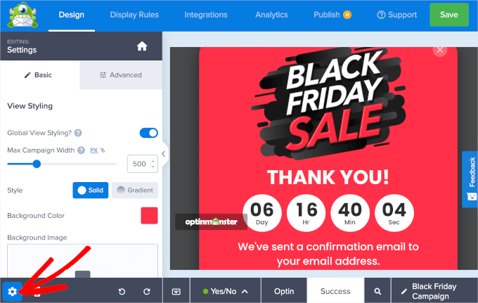Facebook gilla-box popup Inställningar för OptinMonsters kampanjbyggare