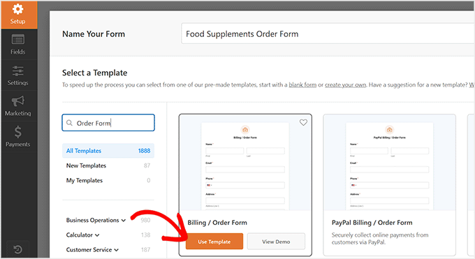 Select order form template Select order form template
