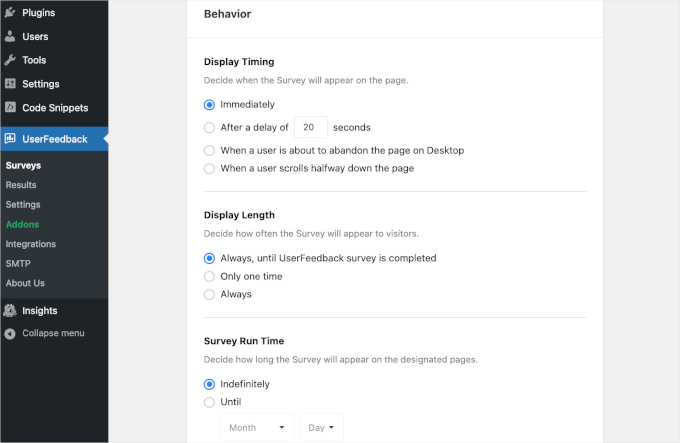 UserFeedback's behavior settings
