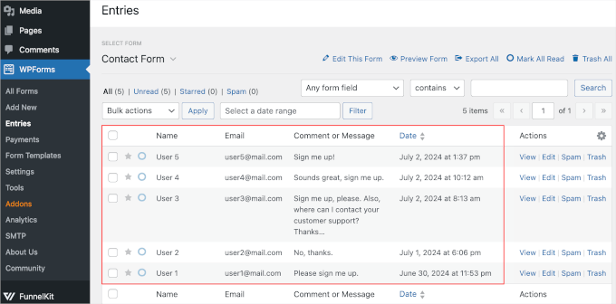wpadminarea-wpforms-allforms-entries-table Form submissions on WPForms