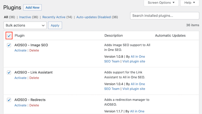 インストールされているすべてのWordPressプラグインを選択
