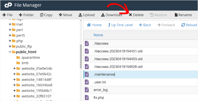 Dosya yöneticisinden bakım dosyasını kaldırın