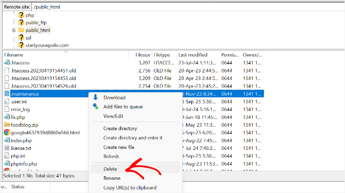 Kök klasörden bakım dosyasını silin