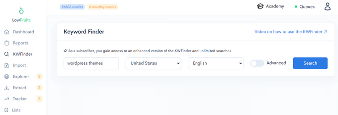 Inserisci la parola chiave seme nello strumento Keyword Finder di LowFruits Inserisci la parola chiave seme nello strumento Keyword Finder di LowFruits