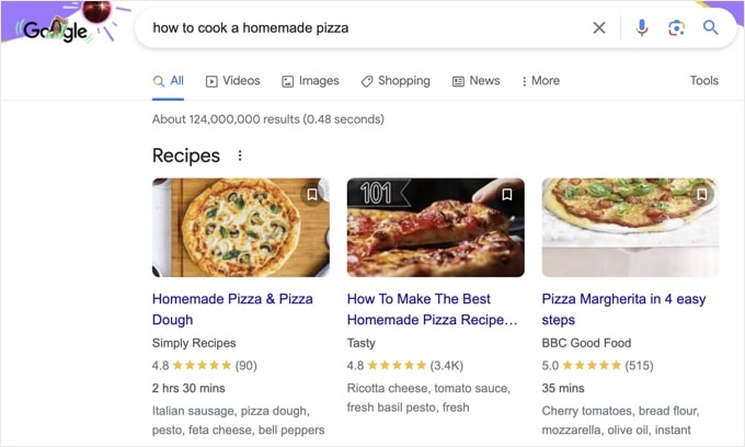 An example of a featured recipe snippet, in Google An example of a featured recipe snippet, in Google