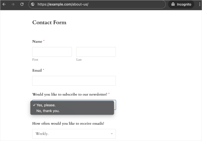 A contact form with dropdown fields embedded on a WordPress website A contact form with dropdown fields embedded on a WordPress website