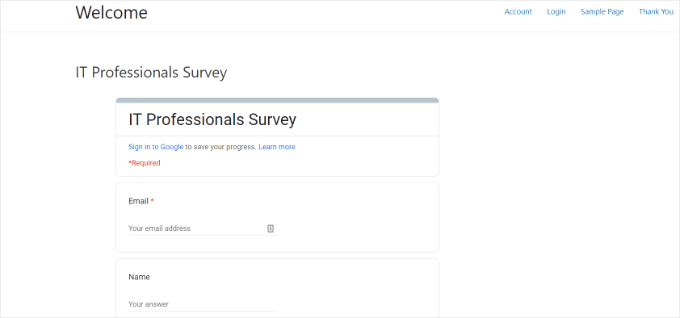 Google Form preview on a live WordPress site Google Form preview on a live WordPress site