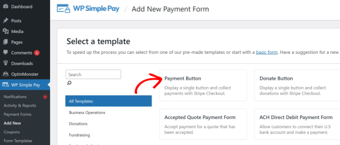 Select payment form template Select payment form template