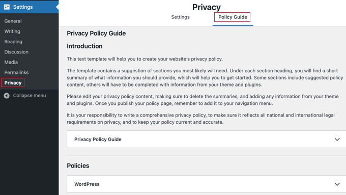 WordPress Privacy Policy Guide Settings WordPress Privacy Policy Guide Settings