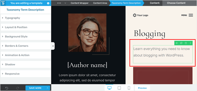 Taxonomy term description block example in Thrive Architect Taxonomy term description block example in Thrive Architect