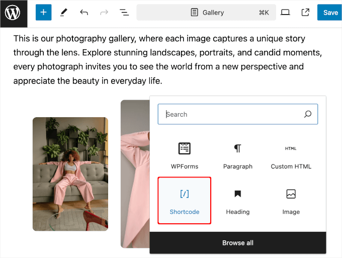 The shortcode block in block editor The shortcode block in block editor