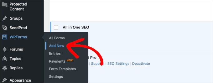 Clicking Add New to create a WPForms form Clicking Add New to create a WPForms form