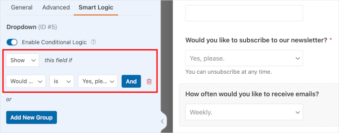 The conditional logic for the second Dropdown field in the Smart Logic tab The conditional logic for the second Dropdown field in the Smart Logic tab
