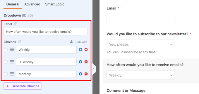 The configured second dropdown field in the Field Options tab for setting up conditional logic The configured second dropdown field in the Field Options tab for setting up conditional logic
