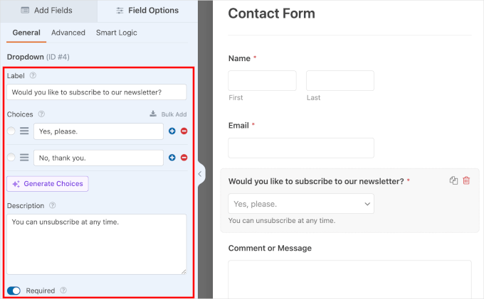 The configured Dropdown field in the Field Options tab The configured Dropdown field in the Field Options tab