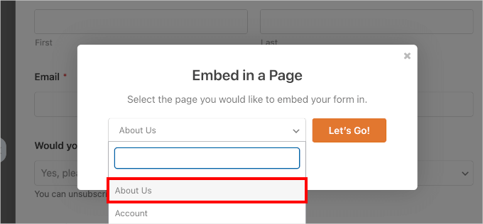 The About option when embedding a form in an existing page The About option when embedding a form in an existing page