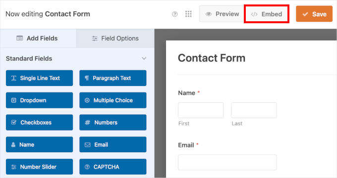 The Embed button in WPForms The Embed button in WPForms