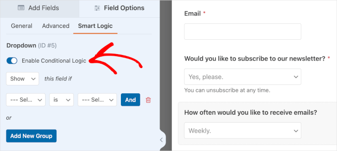 The Enable Conditional Logic toggle in the Smart Logic tab The Enable Conditional Logic toggle in the Smart Logic tab