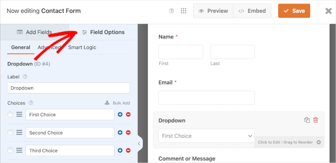 The Dropdown field's Field Options tab The Dropdown field's Field Options tab