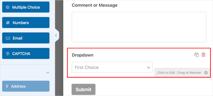 The dropdown field on the live preview The dropdown field on the live preview
