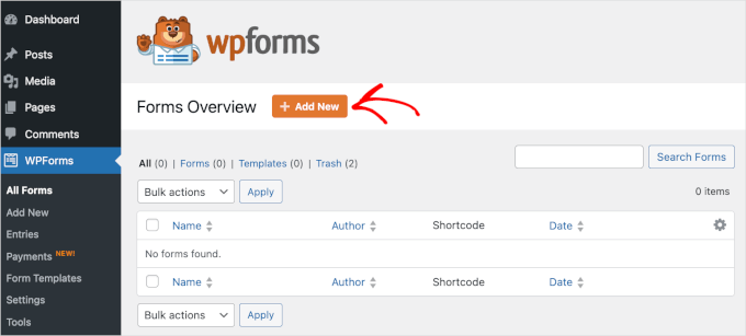 The + Add New button on WPForms' Forms Overview The + Add New button on WPForms' Forms Overview
