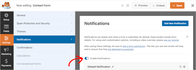 The Enable Notifications toggle in WPForms' Notifications section in the Settings panel The Enable Notifications toggle in WPForms' Notifications section in the Settings panel