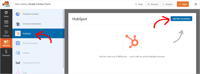 Adding new HubSpot connection in WPForms Adding new HubSpot connection in WPForms