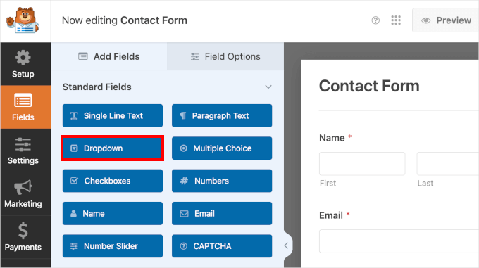 The Dropdown option in WPForm's Fields panel The Dropdown option in WPForm's Fields panel