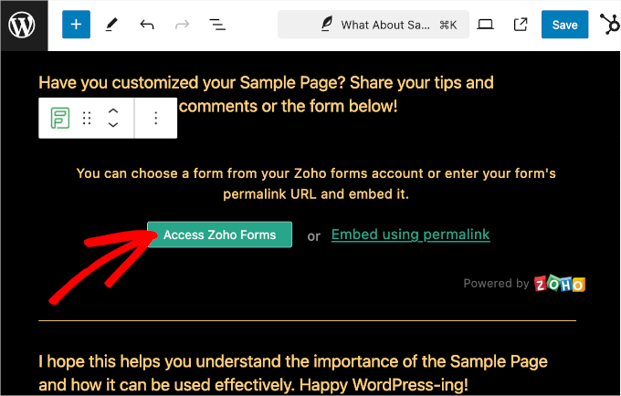The Access Zoho Forms button in Zoho Forms block The Access Zoho Forms button in Zoho Forms block