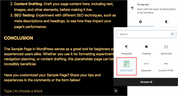 Adding the Zoho Forms block to WP content editor Adding the Zoho Forms block to WP content editor