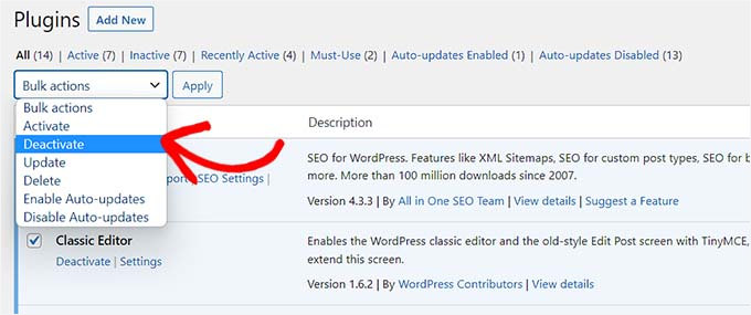 Choose the deactivate option from the Bulk Options dropdown menu Choose the deactivate option from the Bulk Options dropdown menu