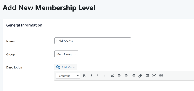 Ingresar detalles del nuevo nivel de membresía