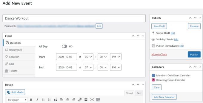 Enter recurring event details Enter recurring event details