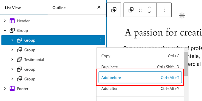 Adding a block before a certain group of blocks in the full site editor Adding a block before a certain group of blocks in the full site editor