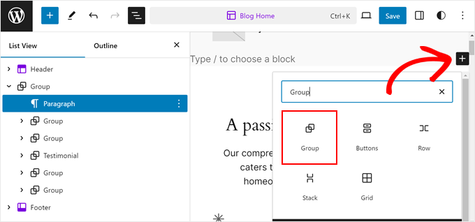 Adding a group block for the hero section in full site editor Adding a group block for the hero section in full site editor