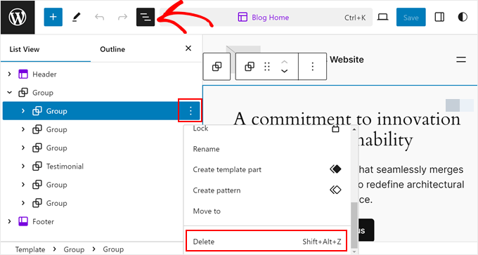 Deleting existing blocks to make room for the hero image in full site editor Deleting existing blocks to make room for the hero image in full site editor