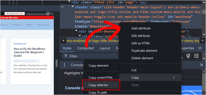 Copying the header's CSS selector with the Inspect tool Copying the header's CSS selector with the Inspect tool