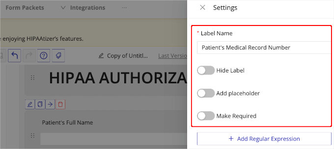 Adding field's label and other settings Adding field's label and other settings