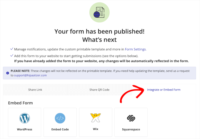 Integrate or Embed Form tab Integrate or Embed Form tab