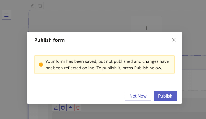 Publish form popup window Publish form popup window