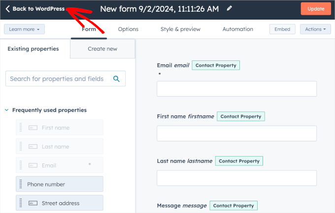 Back to WordPress button in HubSpot form builder Back to WordPress button in HubSpot form builder