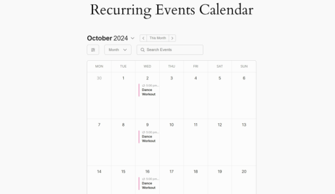 Recurring events calendar preview Recurring events calendar preview