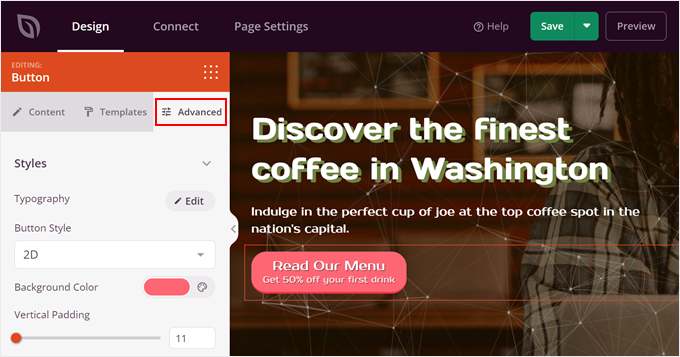Configuring the button settings in SeedProd Configuring the button settings in SeedProd