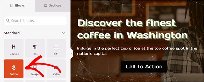 Adding a button block in SeedProd Adding a button block in SeedProd