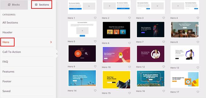 Choosing a hero section in SeedProd Choosing a hero section in SeedProd