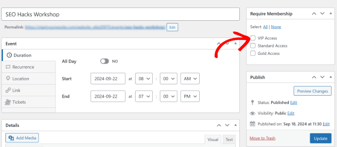 Seleccionar membresía requerida