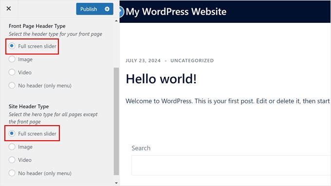 Choosing full-screen hero slider in Sydney theme Choosing full-screen hero slider in Sydney theme