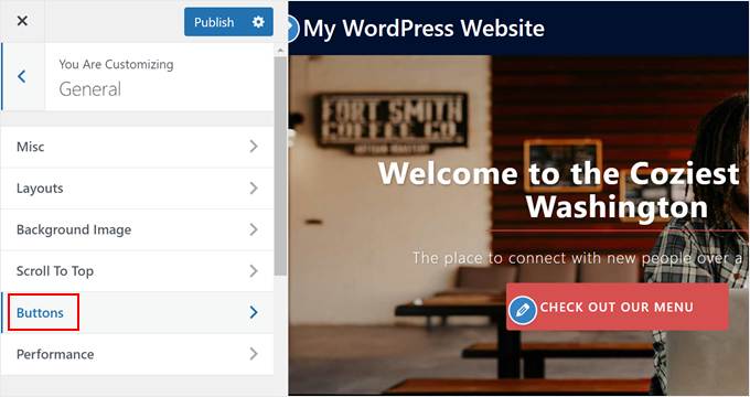 Clicking on the Buttons menu in Sydney theme customizer Clicking on the Buttons menu in Sydney theme customizer
